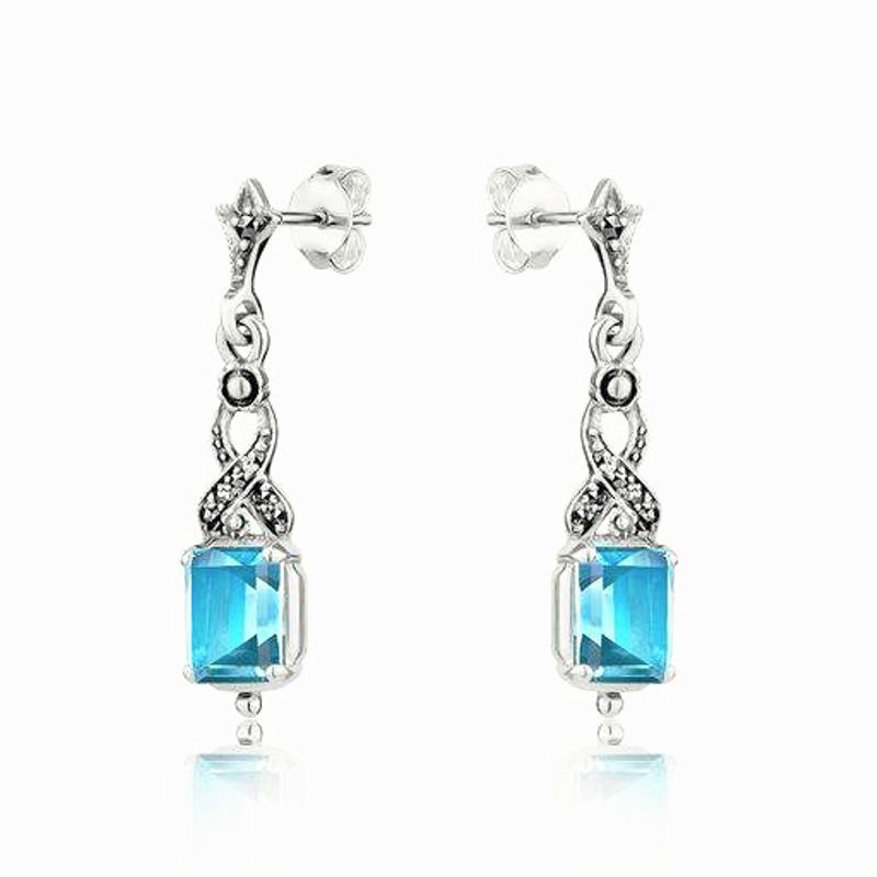 Blue Topaz Emerald-cut Earrings with Marcasite - E0042BTF - Click Image to Close